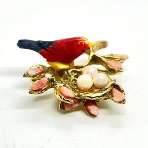 VINTAGE SWOBODA BROOCH RED BIRD NEST FAUX PEARL GOLD TONE